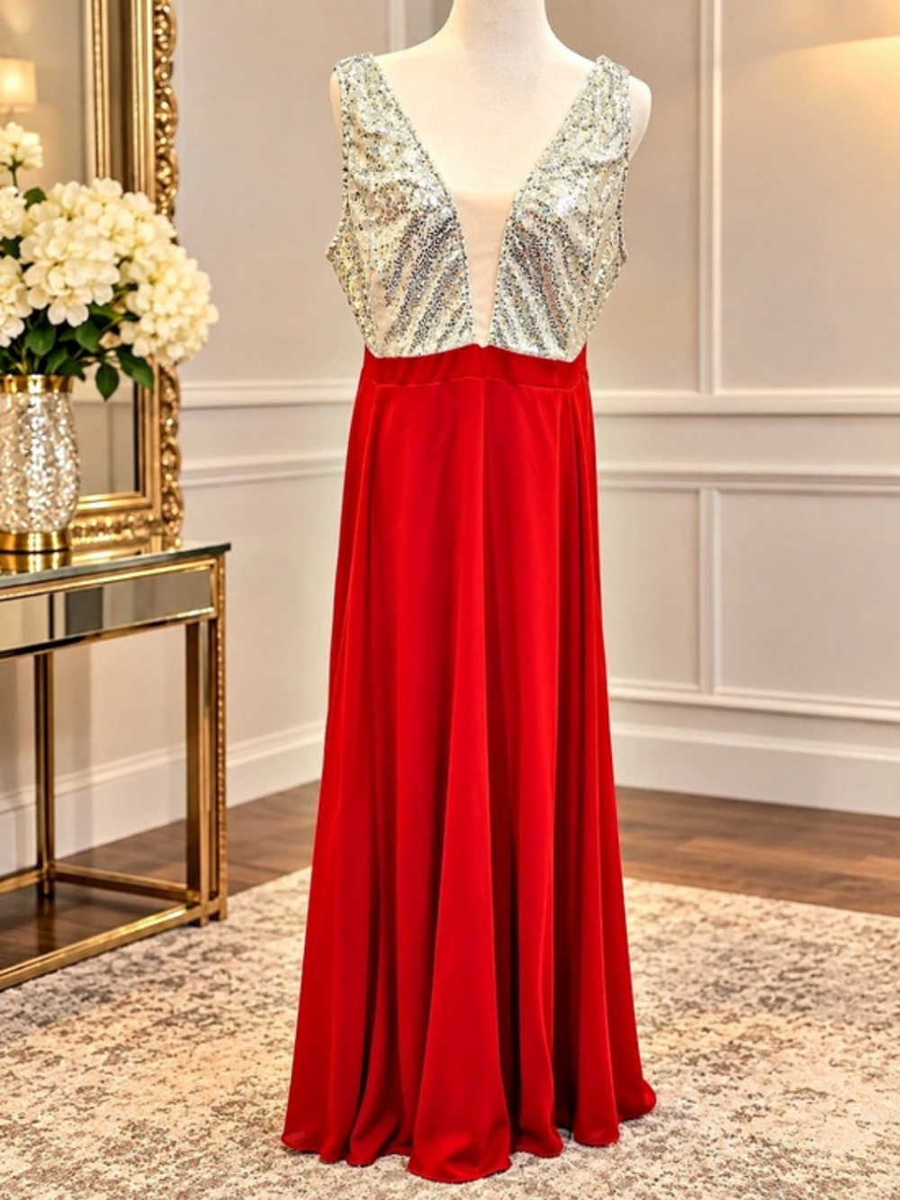 Sequin Bodice Maxi Dress in Red & Silver Size XL Like New